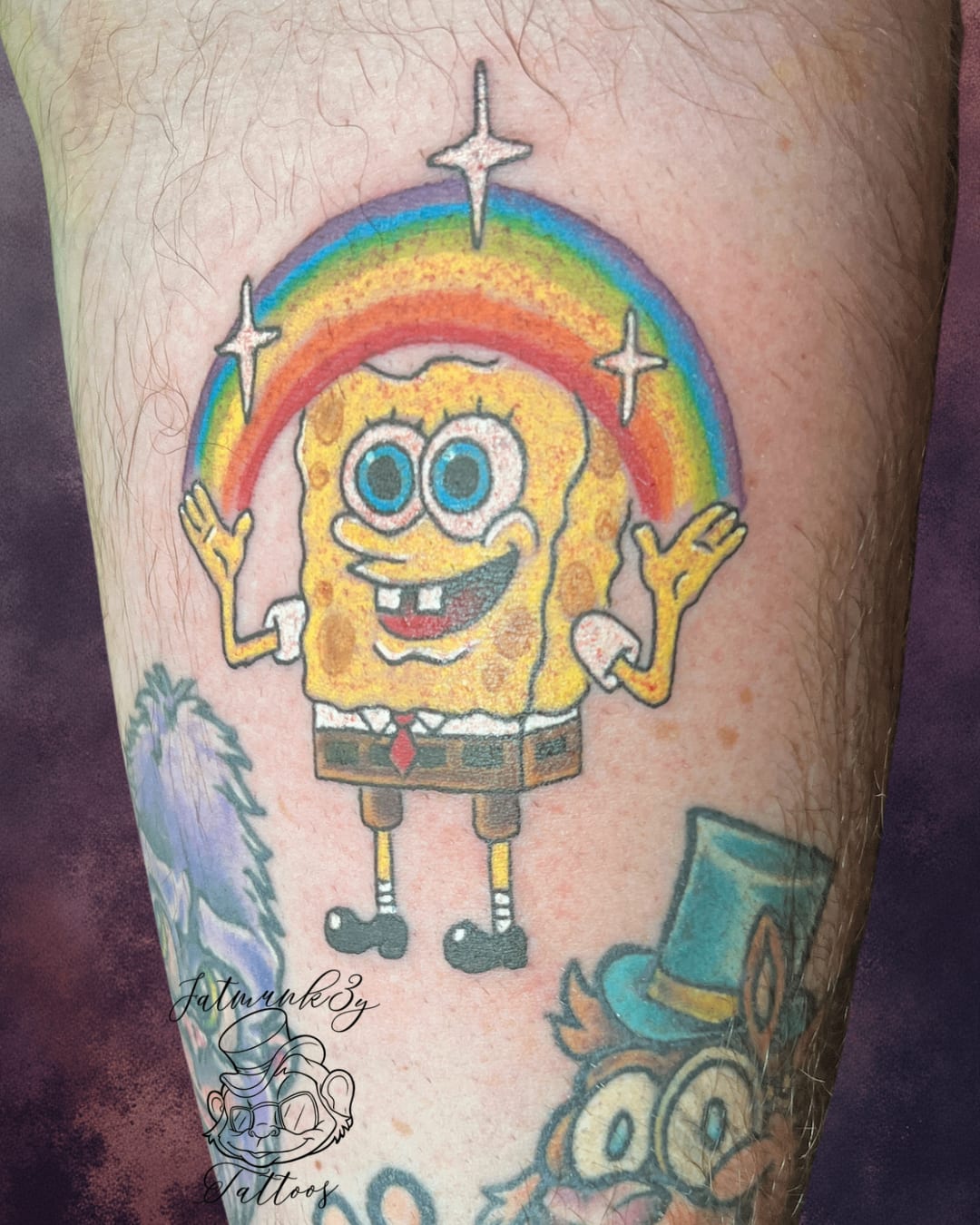 Custom color cartoon SpongeBob rainbow whimsical tattoo by Spencer Holmes, Fatmunk3y Tattoos Columbus Ohio