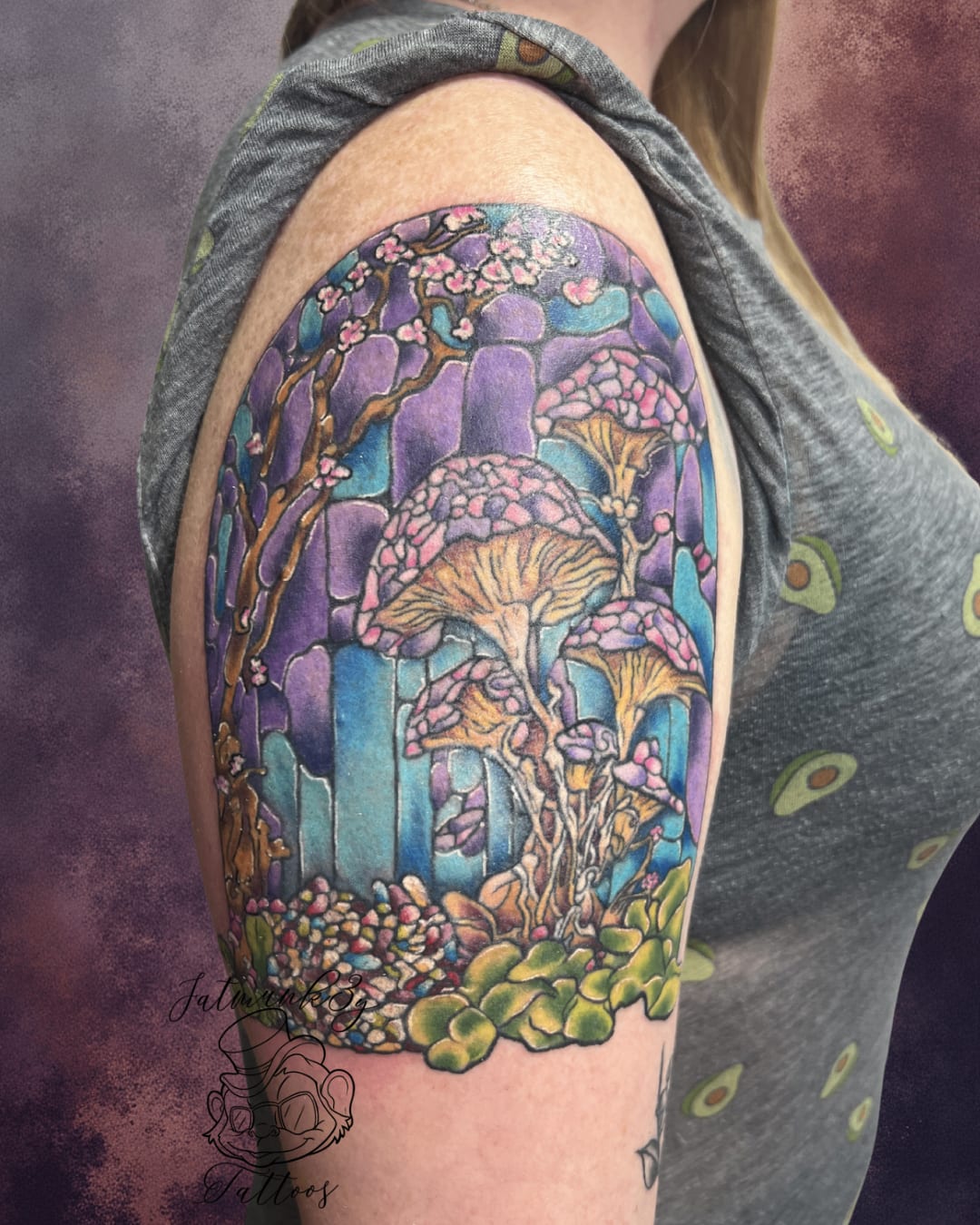 Custom color stained glass window mushroom tattoo on arm by Spencer Holmes, Fatmunk3y Tattoos Columbus Ohio