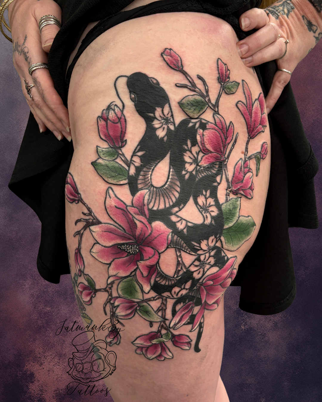 Custom color snake and flower tattoo on leg by Spencer Holmes, Fatmunk3y Tattoos Columbus Ohio