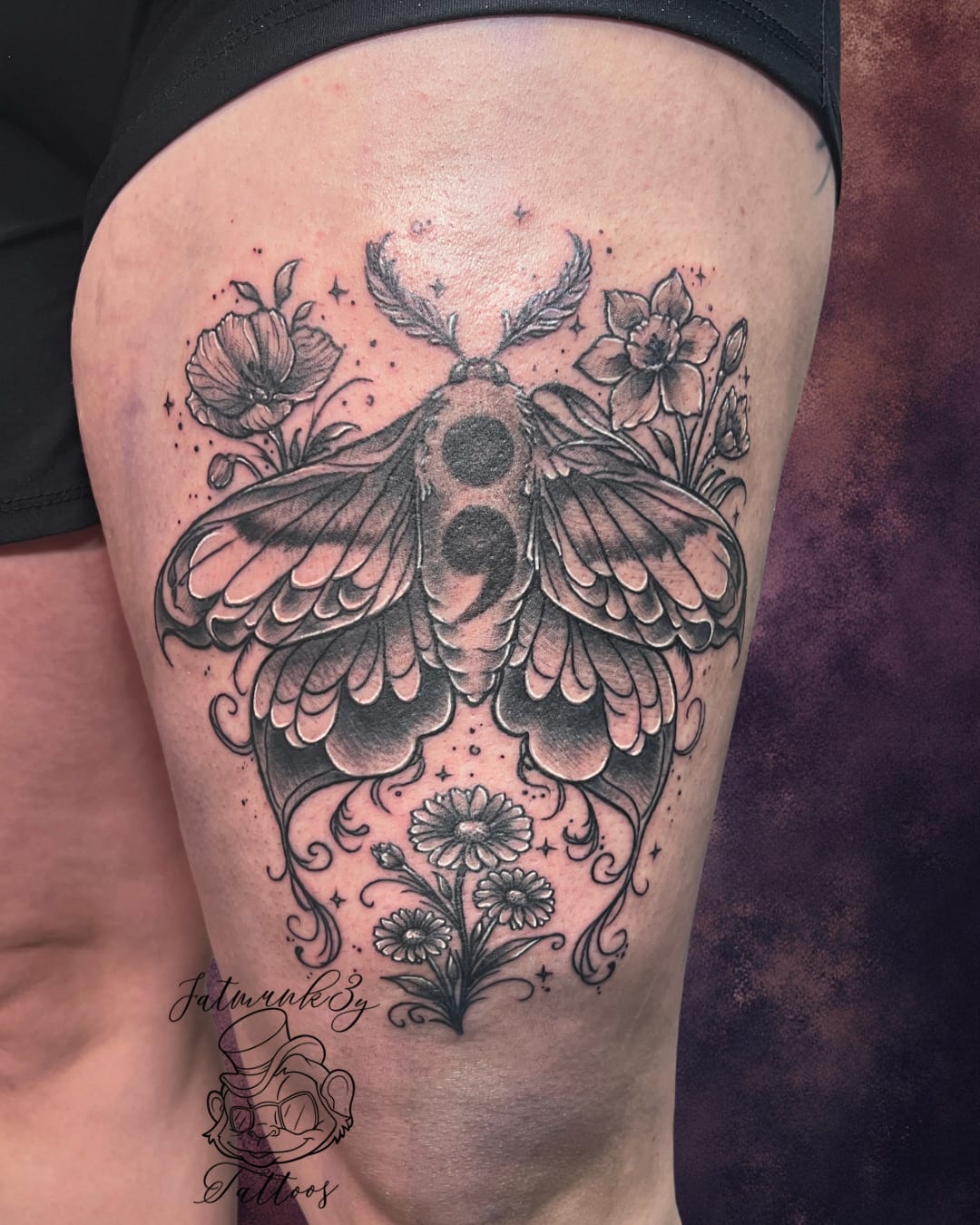 Custom black and grey dot work moth and flowers tattoo on leg by Spencer Holmes, Fatmunk3y Tattoos Columbus Ohio