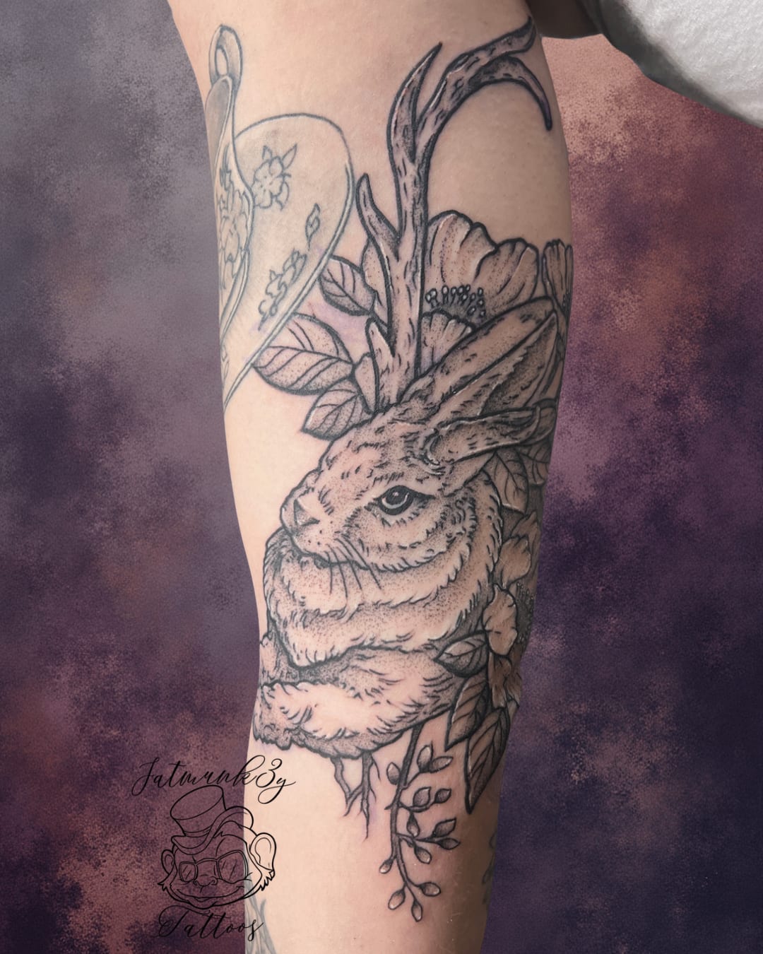 Custom black and grey dot work jackalope tattoo on arm sleeve by Spencer Holmes, Fatmunk3y Tattoos Columbus Ohio