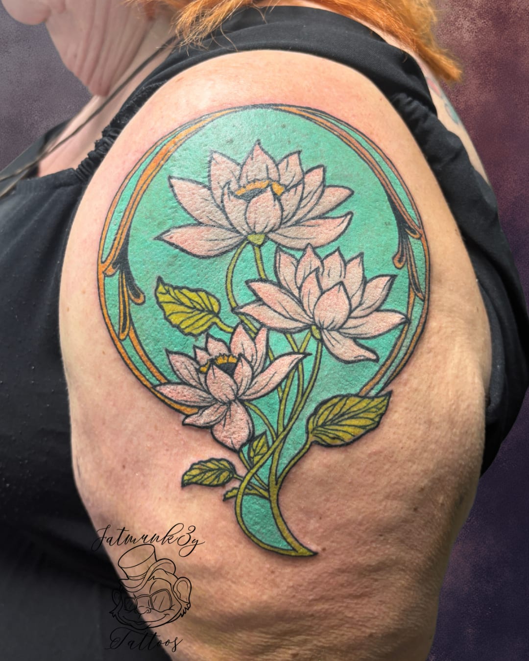 Custom color Art Nouveau lotus flower tattoo on arm by Spencer Holmes, Fatmunk3y Tattoos Columbus Ohio