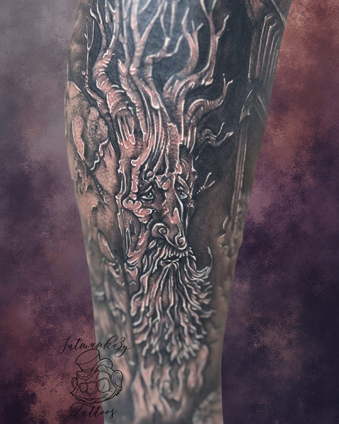 Custom black and grey Ent Lord of the Rings Tolkien tattoo on leg by Spencer Holmes, Fatmunk3y Tattoos Columbus Ohio