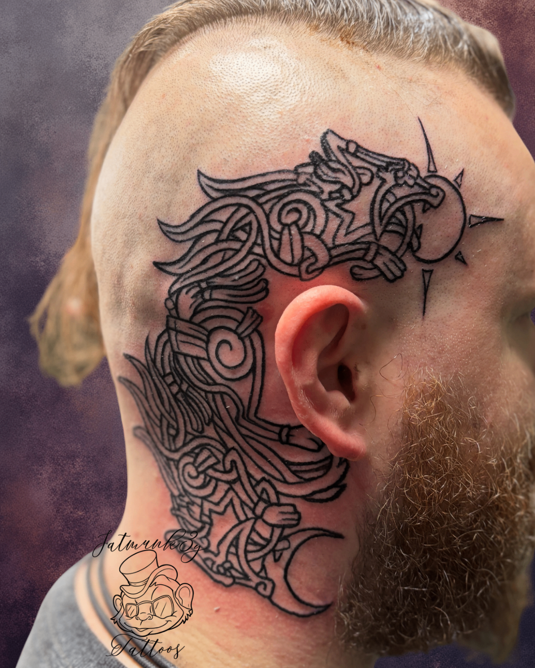 Custom black fine line Viking head tattoo by Spencer Holmes, Fatmunk3y Tattoos Columbus Ohio
