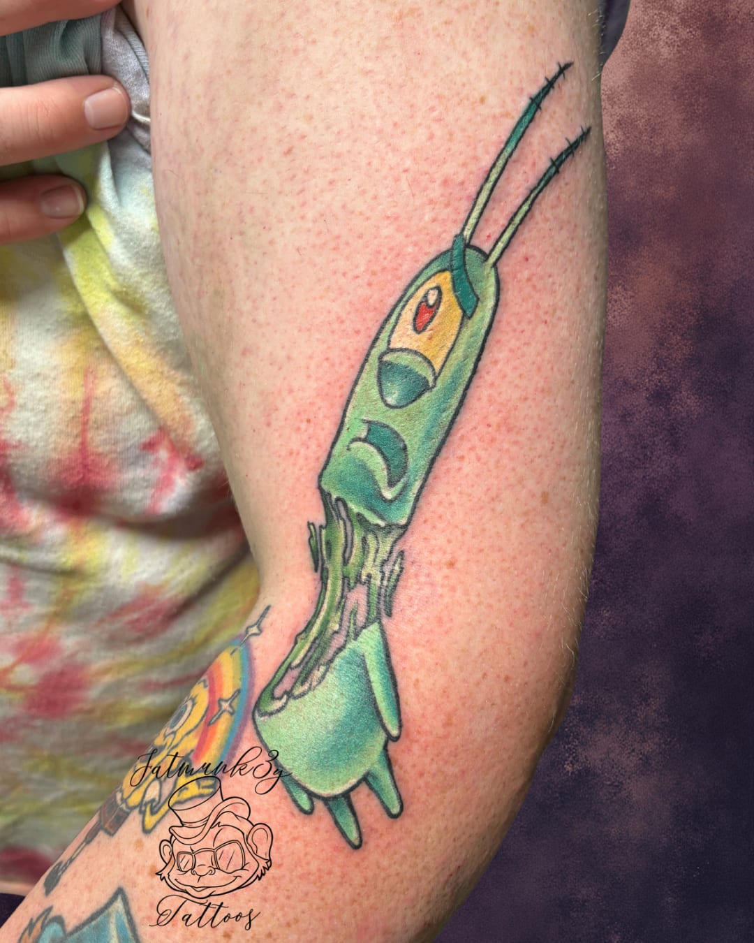 Custom color Plankton tattoo from SpongeBob on arm by Spencer Holmes, Fatmunk3y Tattoos Columbus Ohio