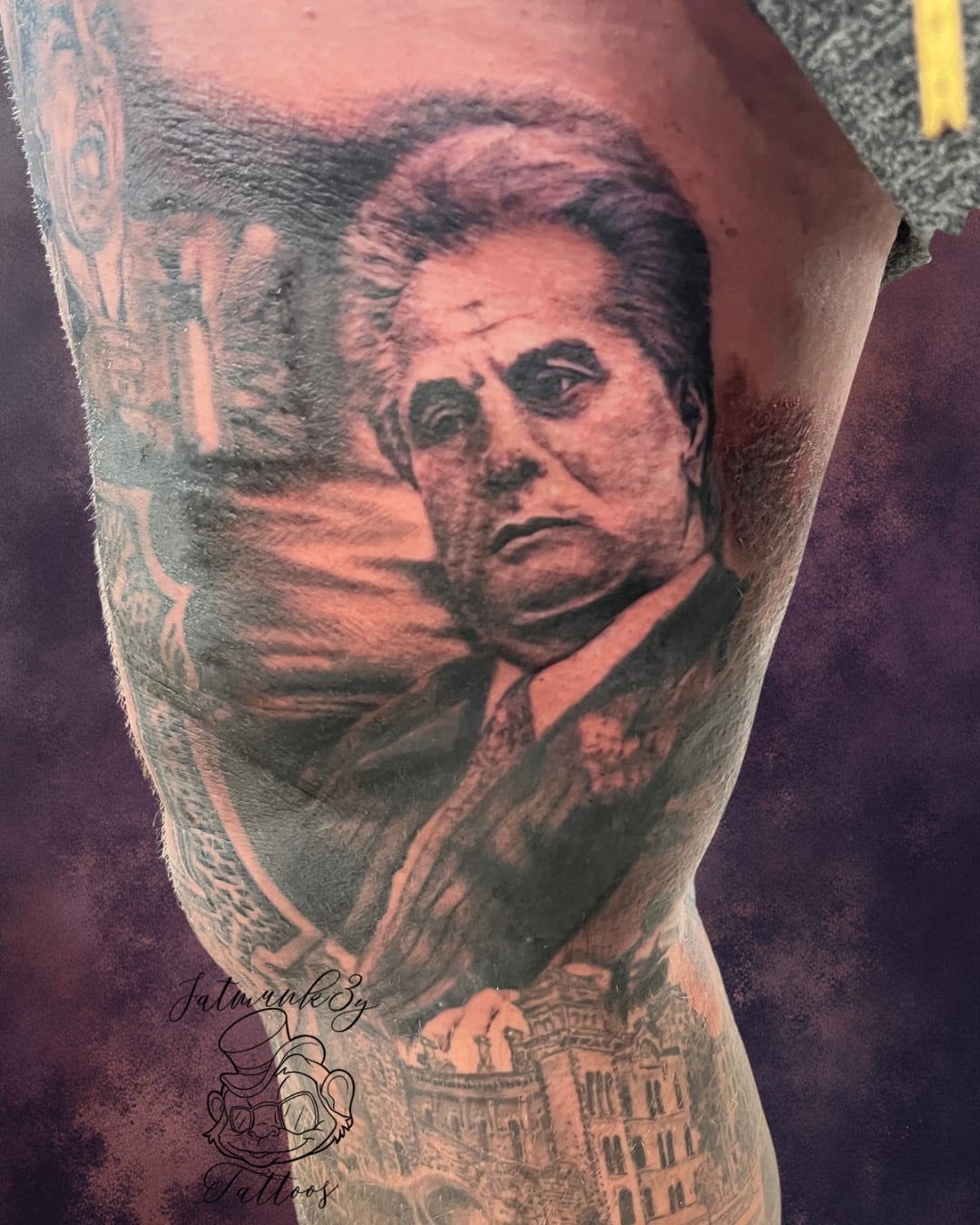 Custom black and grey realism portrait tattoo on leg by Spencer Holmes, Fatmunk3y Tattoos Columbus Ohio