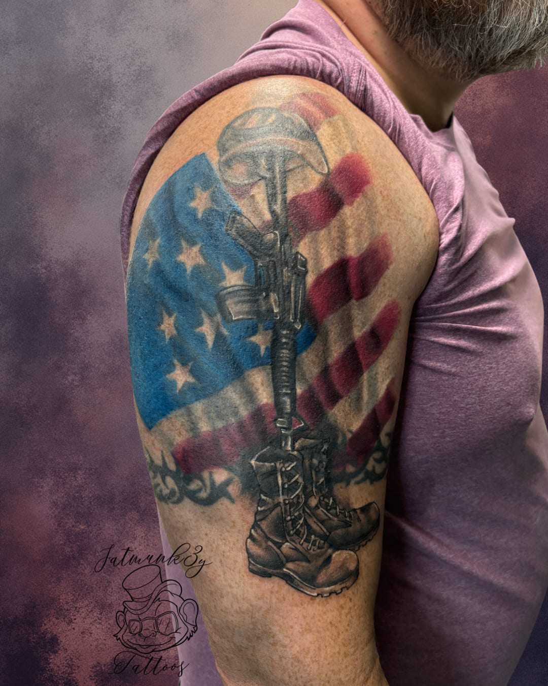 Custom patriotic veteran memorial tattoo with American flag on arm by Spencer Holmes, Fatmunk3y Tattoos Columbus Ohio
