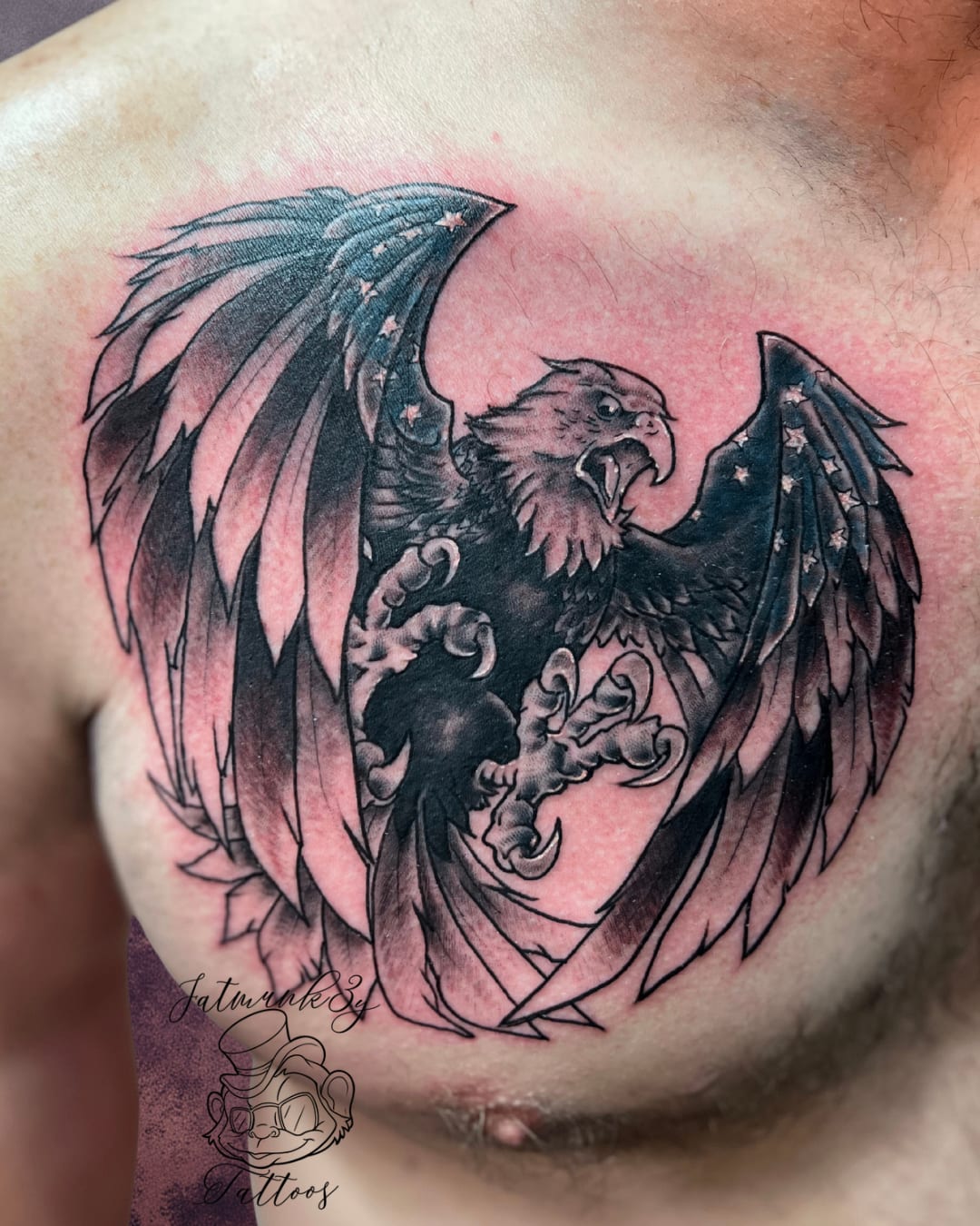 Custom black and grey eagle chest tattoo by Spencer Holmes, Fatmunk3y Tattoos Columbus Ohio