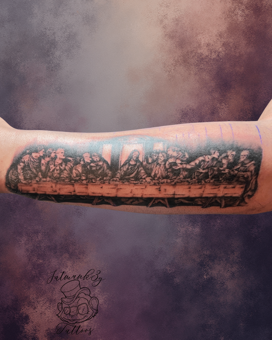 Custom black and grey realism illustrative Last Supper tattoo on arm sleeve by Spencer Holmes, Fatmunk3y Tattoos Columbus Ohio