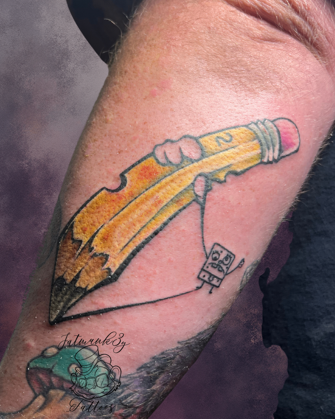 Custom color cartoon SpongeBob DoodleBob whimsical tattoo on arm by Spencer Holmes, Fatmunk3y Tattoos Columbus Ohio