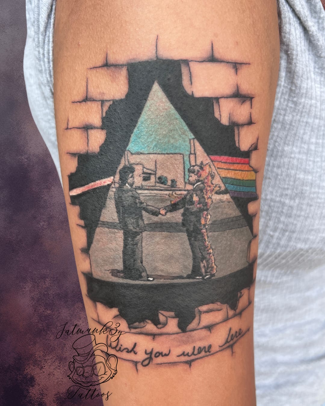 Custom color illustrative realism Pink Floyd Wish You Were Here tattoo on arm by Spencer Holmes, Fatmunk3y Tattoos Columbus Ohio