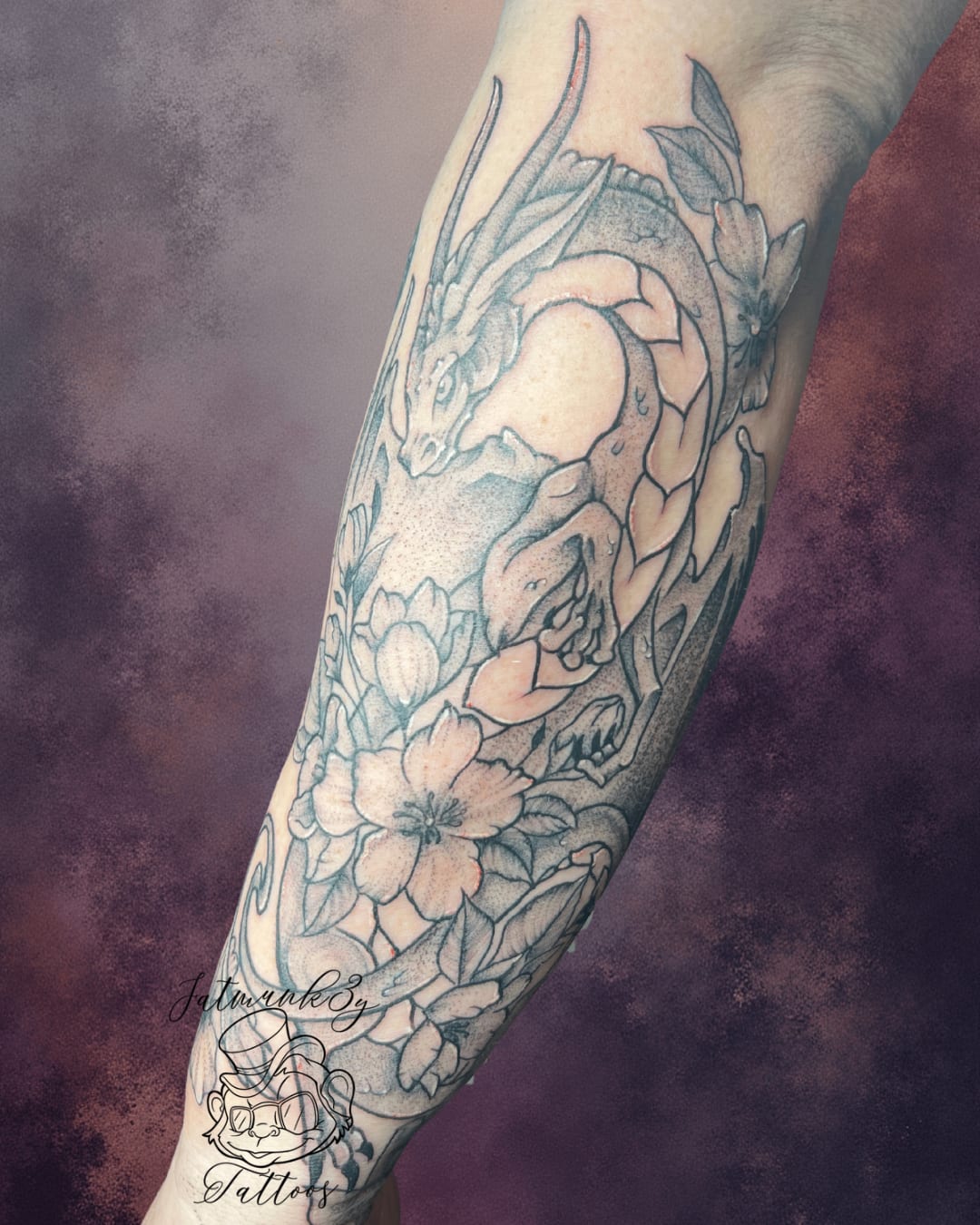 Custom black and grey fine line dot work dragon and flowers tattoo by Spencer Holmes, Fatmunk3y Tattoos Columbus Ohio