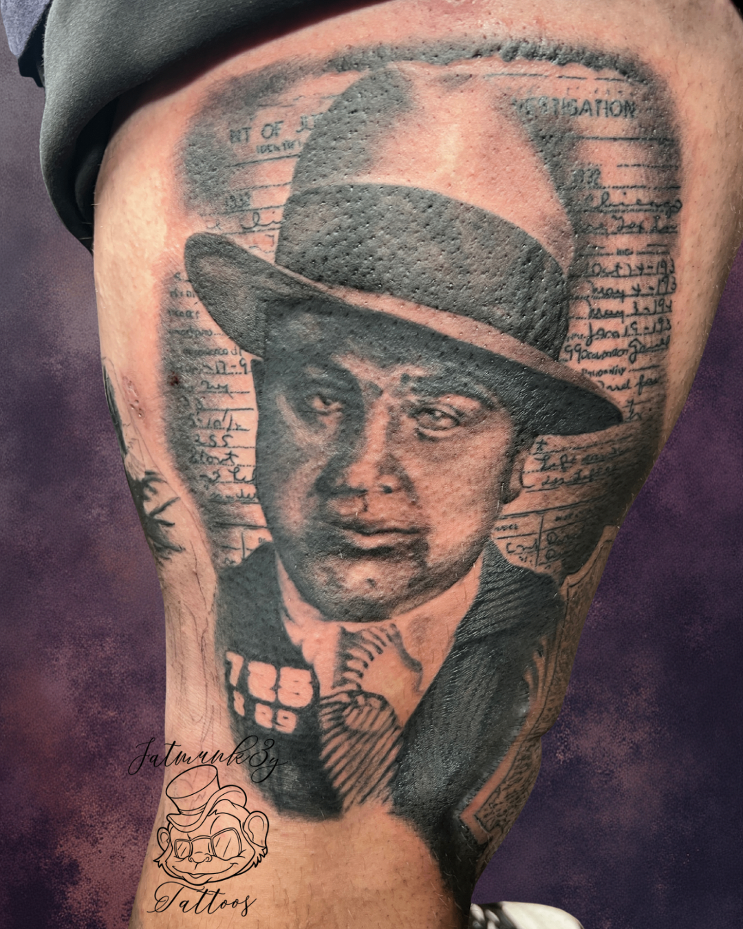 Custom black and grey realism portrait tattoo on leg by Spencer Holmes, Fatmunk3y Tattoos Columbus Ohio