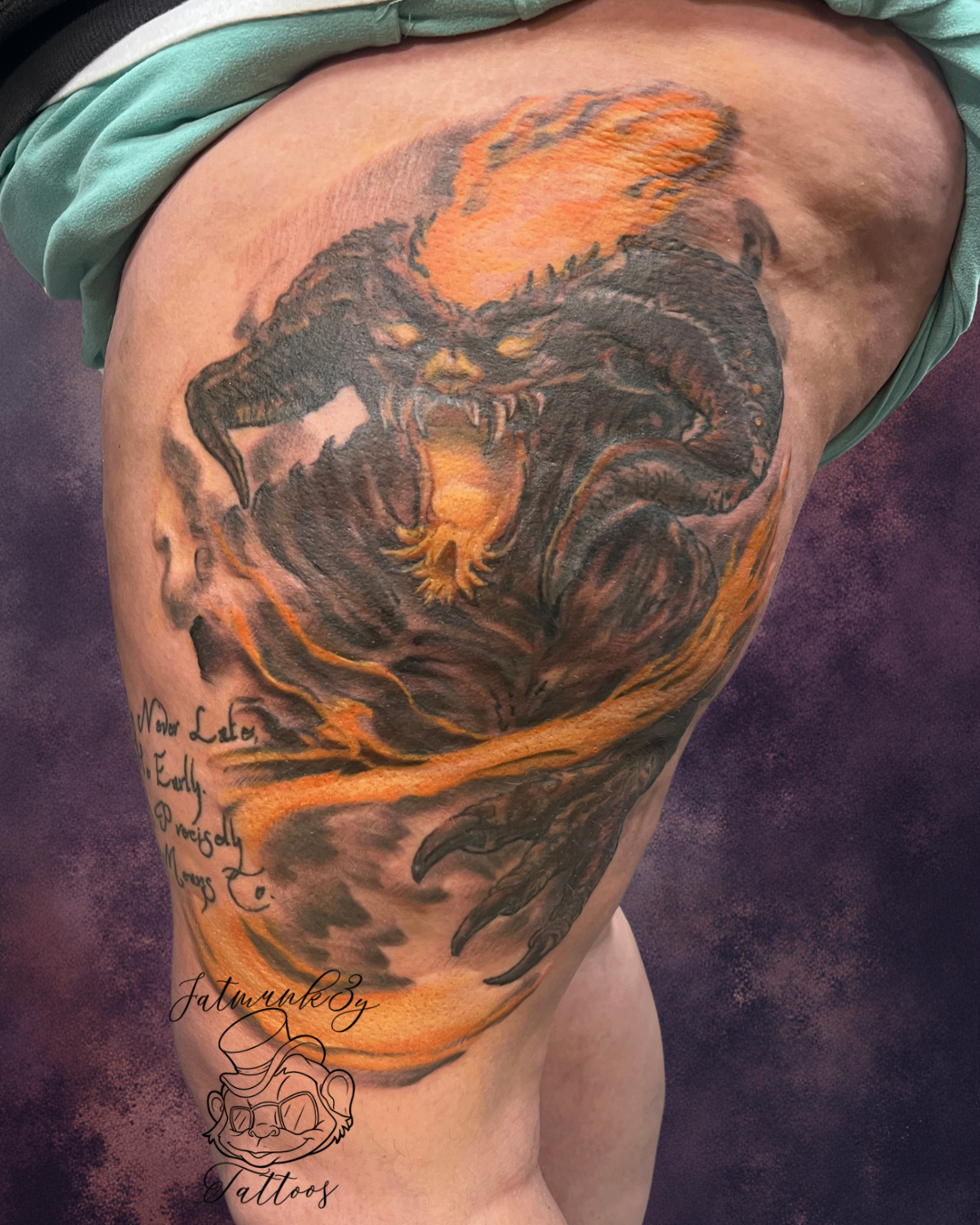 Custom color Lord of the Rings Balrog fantasy illustrative tattoo on leg by Spencer Holmes, Fatmunk3y Tattoos Columbus Ohio