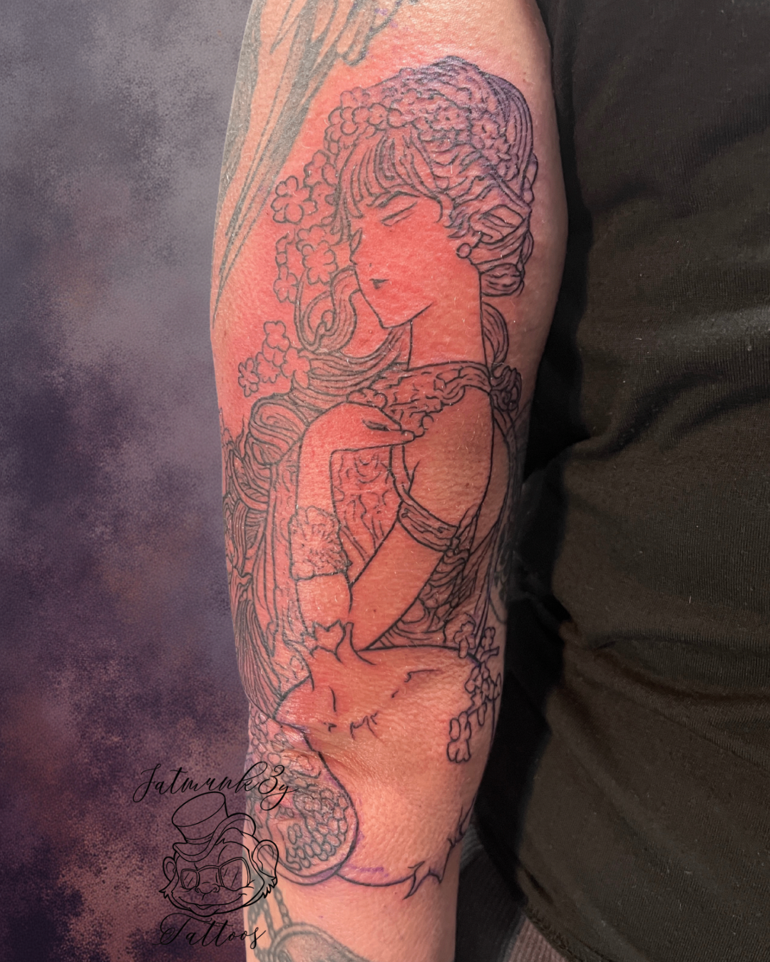 Custom black fine line Art Nouveau goddess Persephone tattoo on arm sleeve by Spencer Holmes, Fatmunk3y Tattoos Columbus Ohio